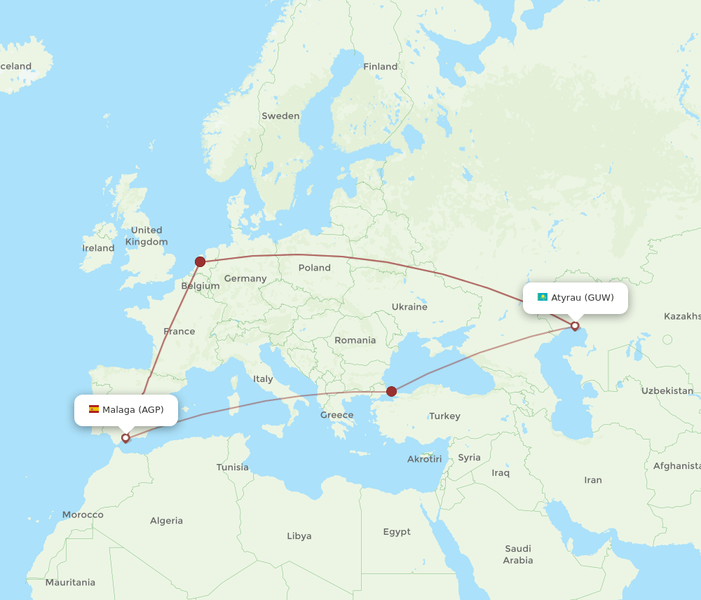 Malaga - Atyrau route map and flight paths
