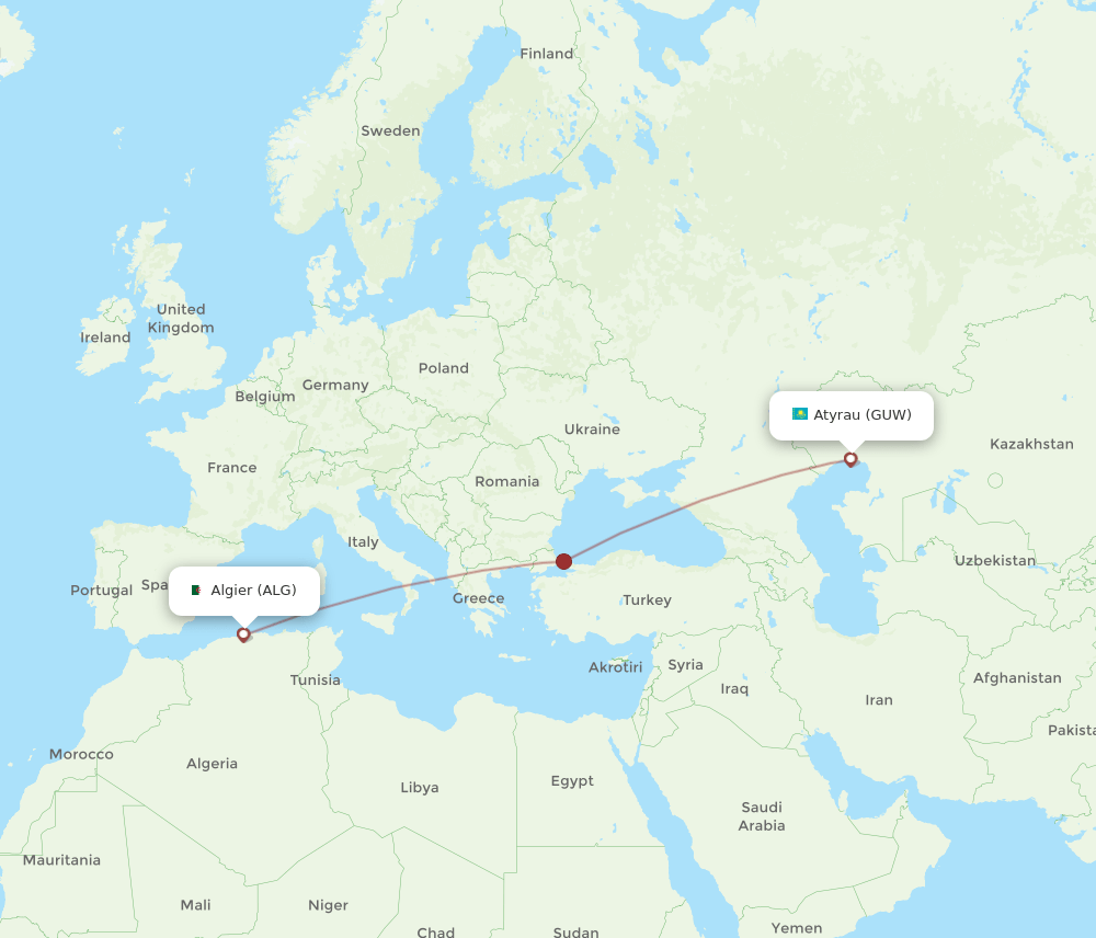 Algiers - Atyrau route map and flight paths