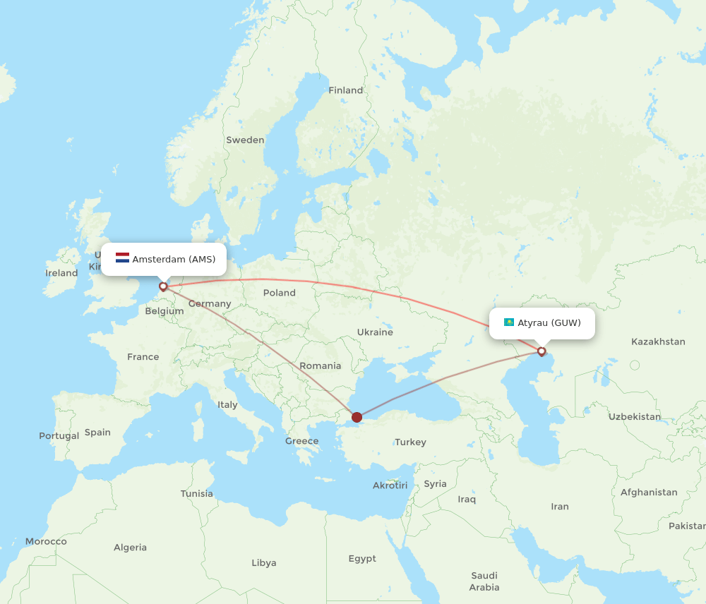 GUW-AMS flight routes