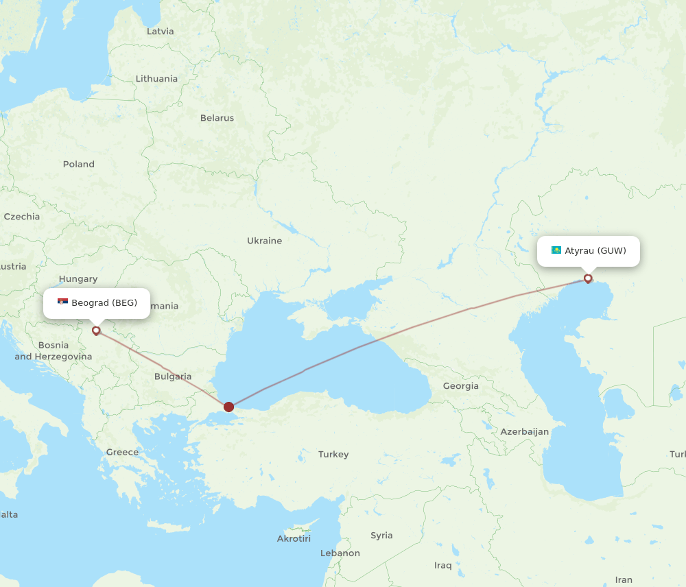 GUW to BEG flights and routes map
