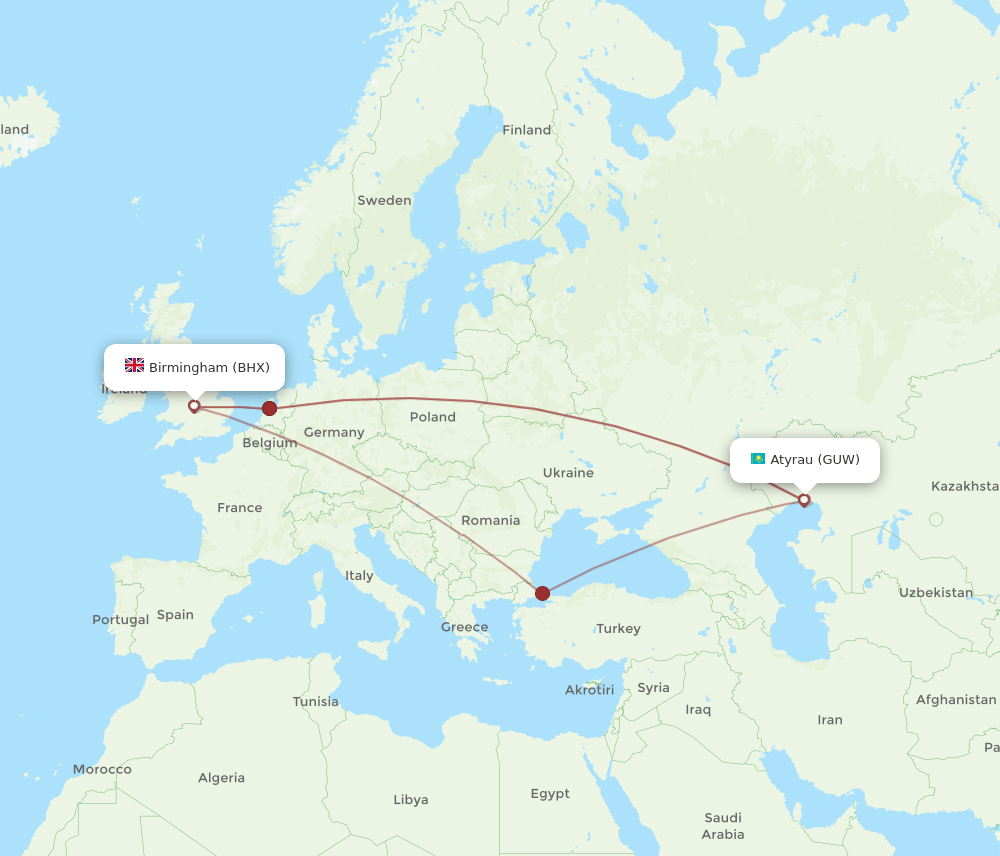 GUW-BHX flight routes