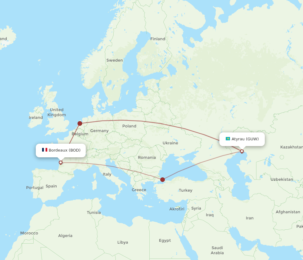 Bordeaux - Atyrau route map and flight paths