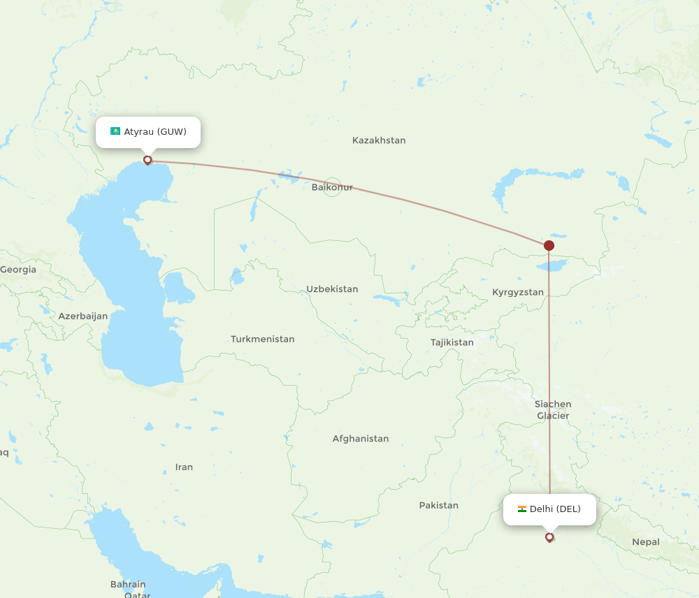 GUW to DEL flights and routes map