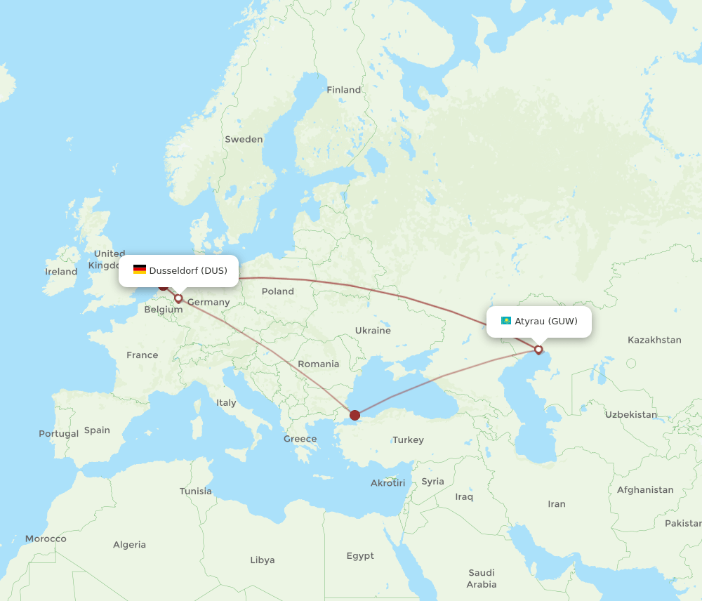 GUW to DUS flights and routes map