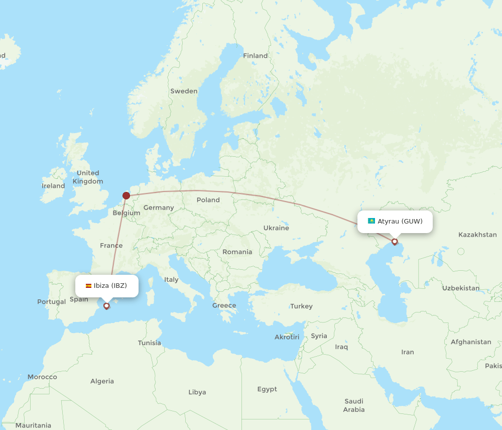 Ibiza - Atyrau route map and flight paths