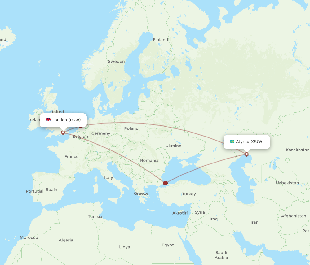 GUW-LGW flight routes