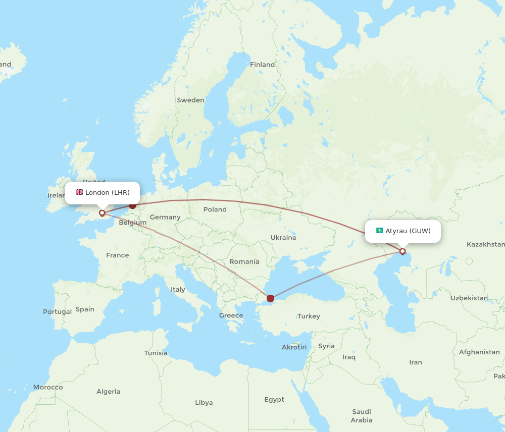 GUW to LHR flights and routes map