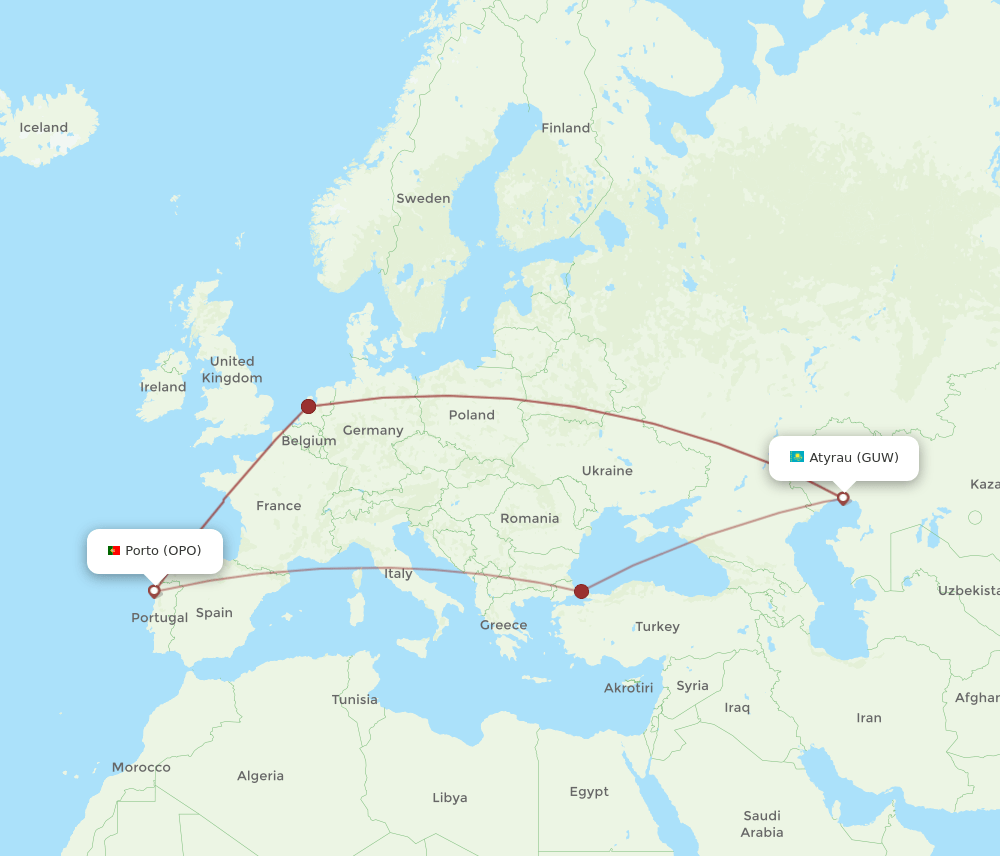 Porto - Atyrau route map and flight paths