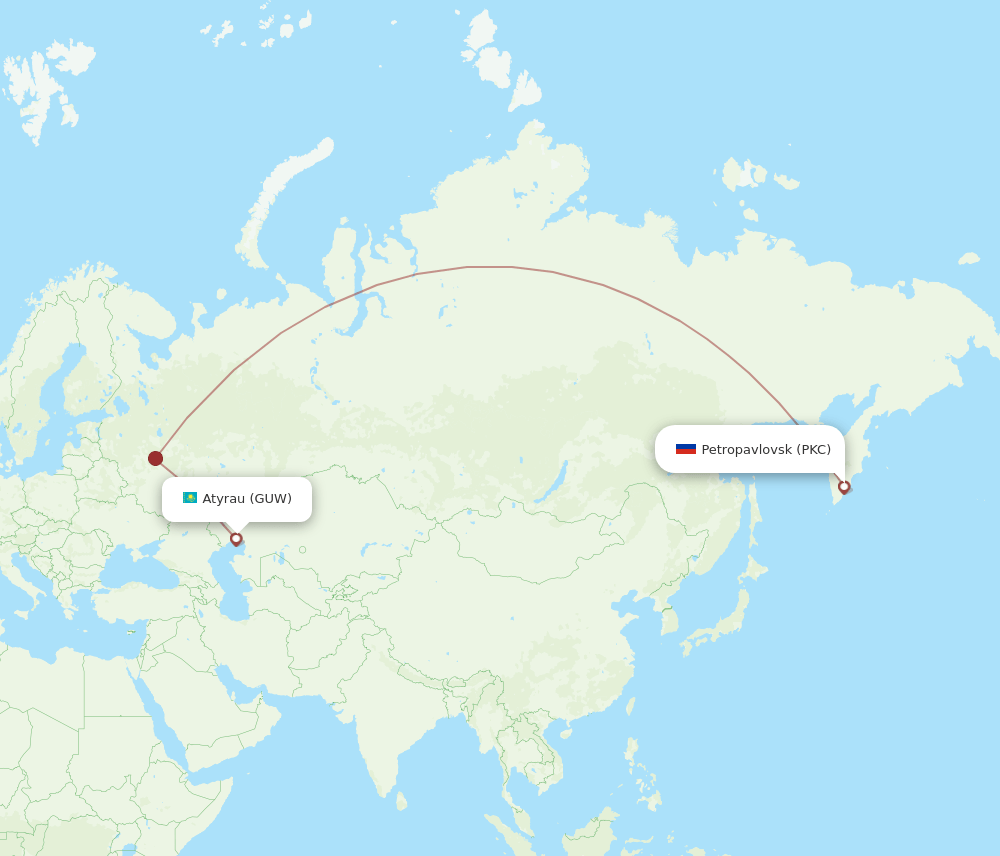Petropavlovsk-Kamchatsky - Atyrau route map and flight paths