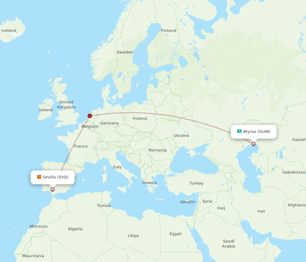 Sevilla - Atyrau route map and flight paths