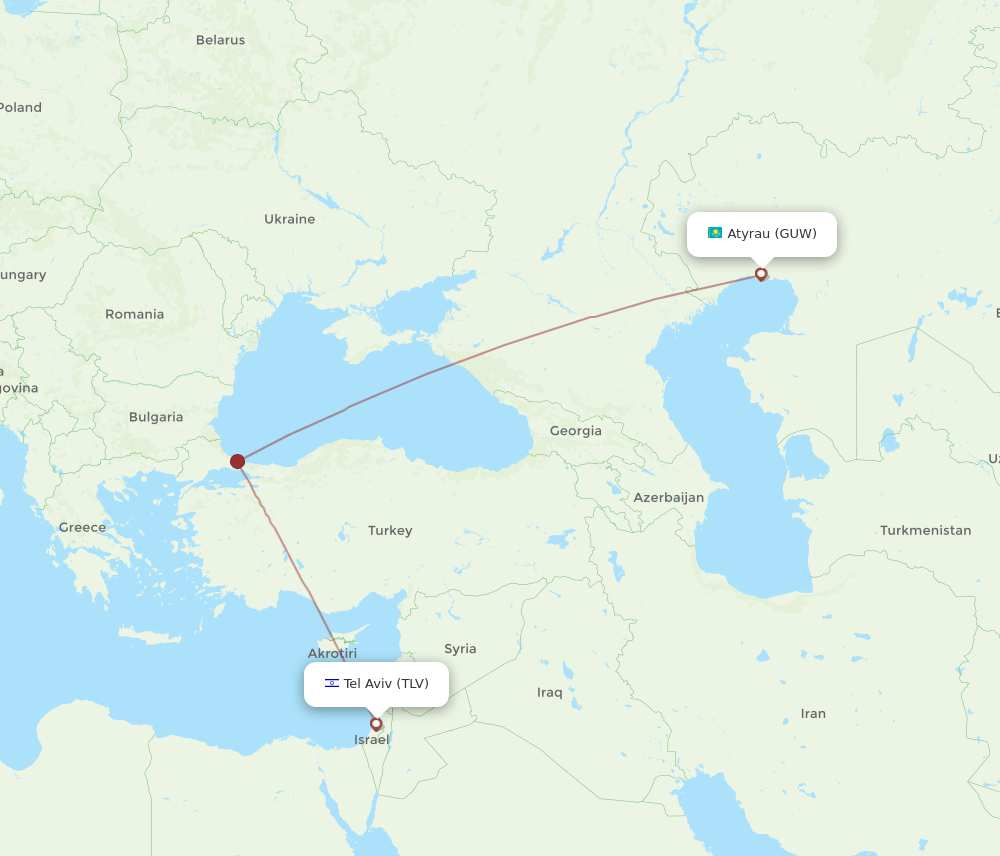 GUW to TLV flights and routes map