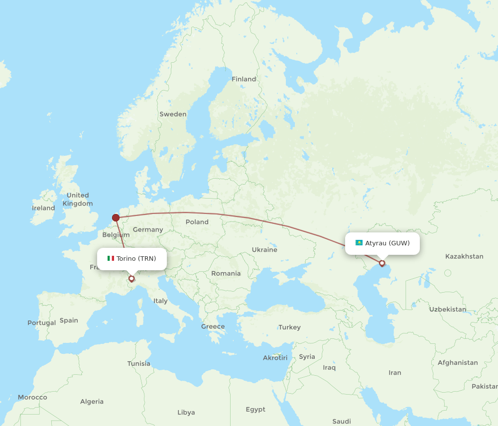 Turin - Atyrau route map and flight paths
