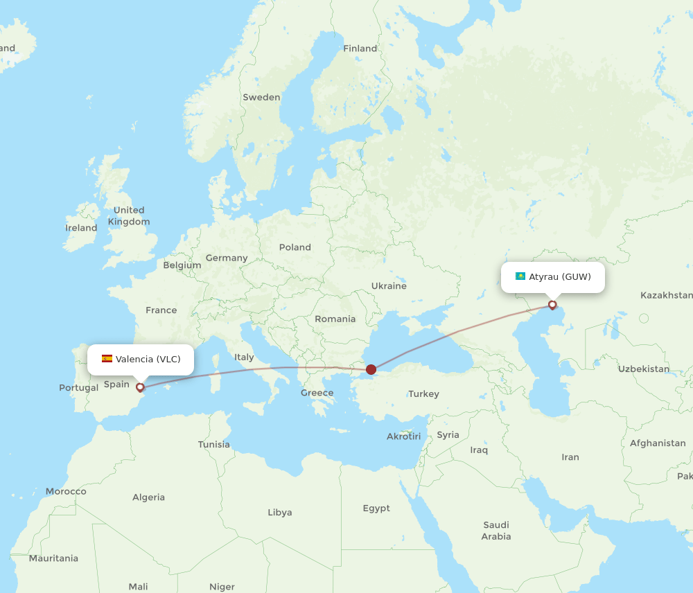 Valencia - Atyrau route map and flight paths