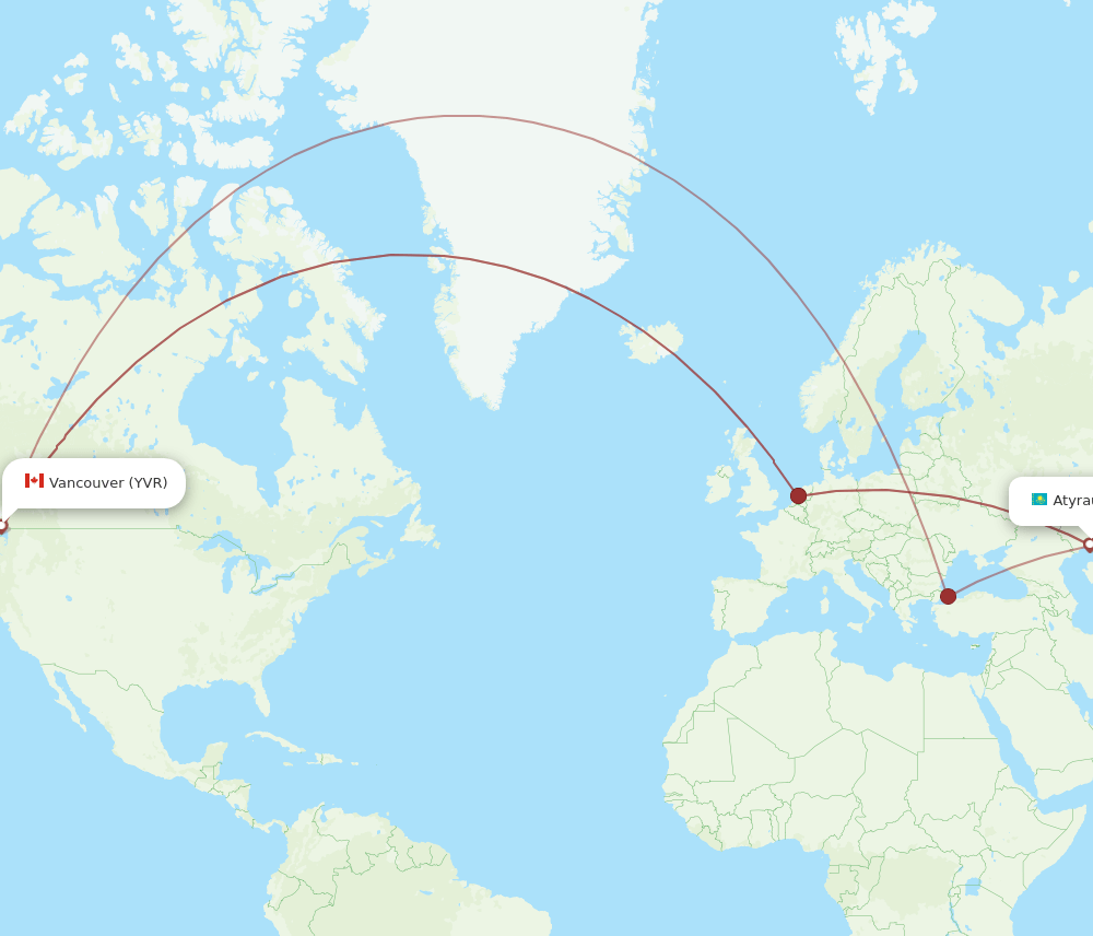 Vancouver - Atyrau route map and flight paths