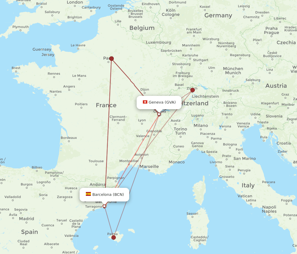 GVA to BCN flights and routes map
