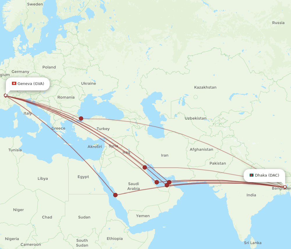 GVA to DAC flights and routes map