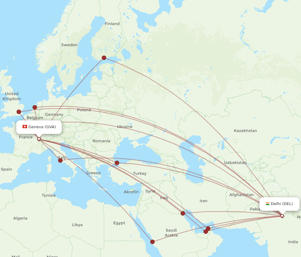 GVA to DEL flights and routes map
