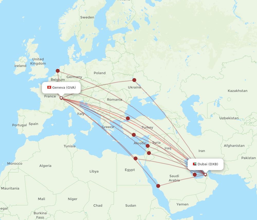 GVA to DXB flights and routes map