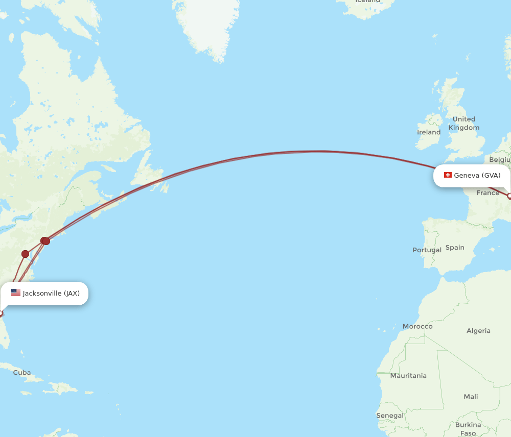 GVA to JAX flights and routes map