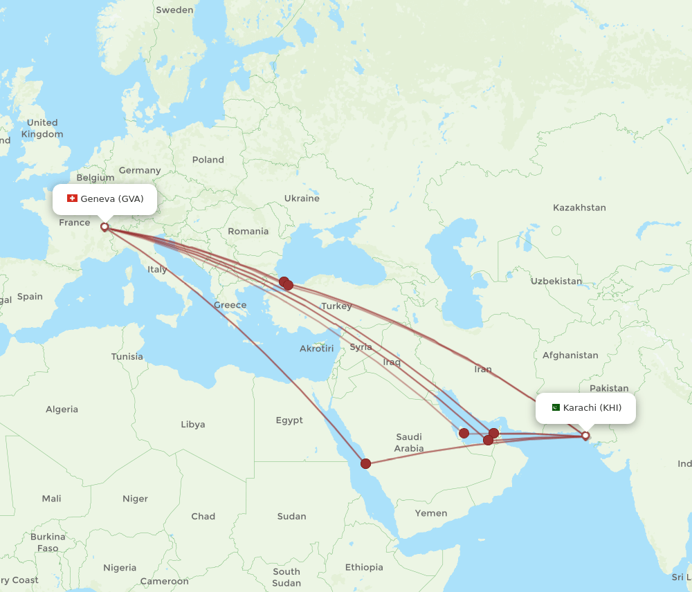 GVA to KHI flights and routes map