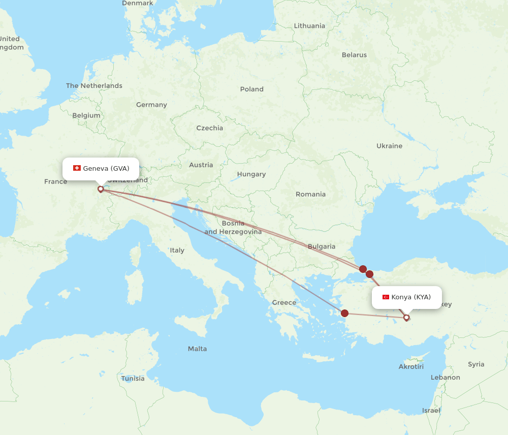 GVA to KYA flights and routes map