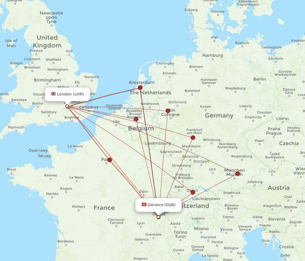 GVA to LHR flights and routes map