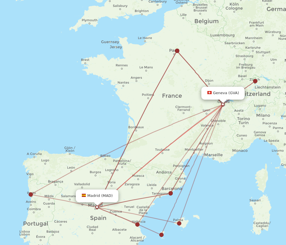 GVA to MAD flights and routes map