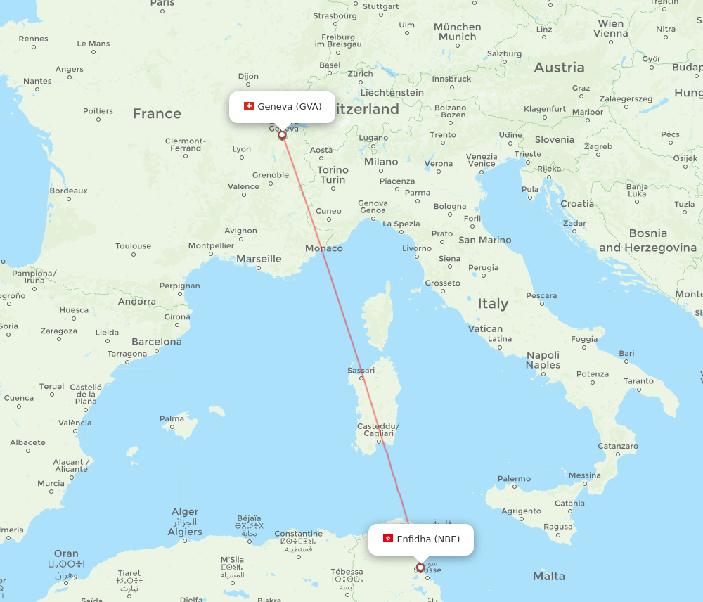 Geneva - Enfidha route map and flight paths