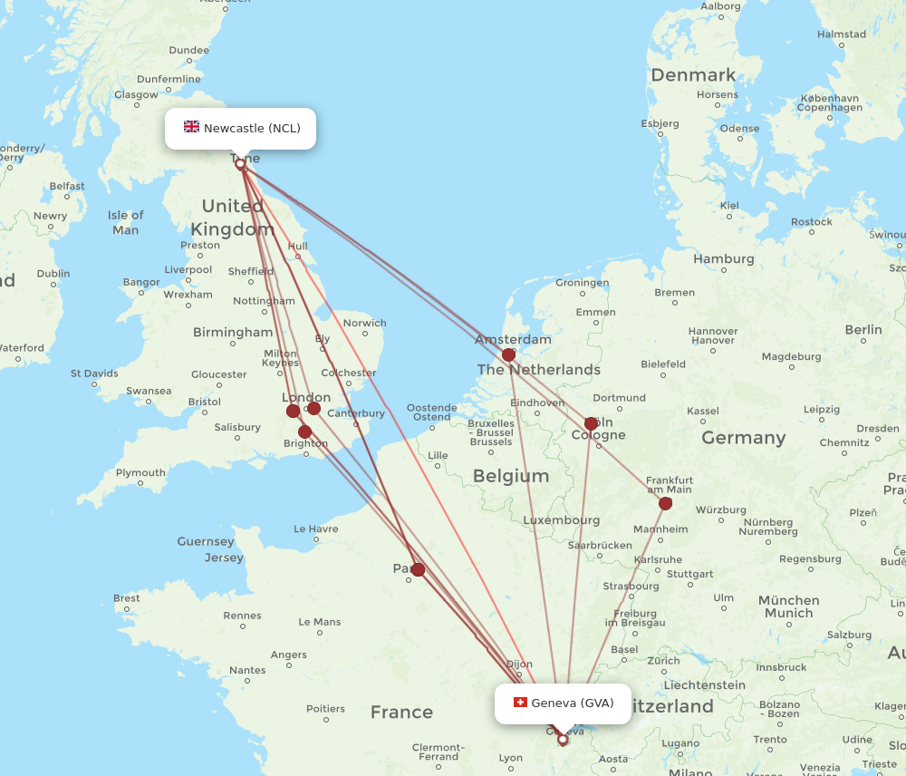 GVA to NCL flights and routes map