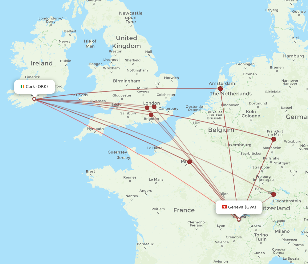 GVA to ORK flights and routes map