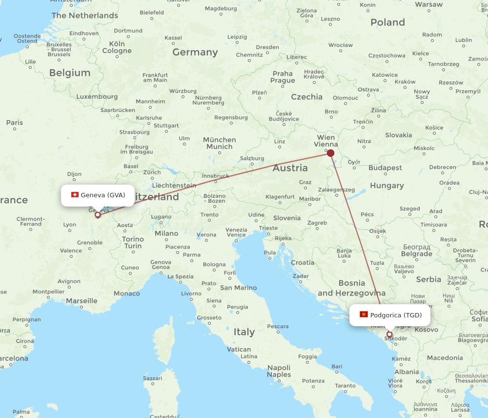 GVA to TGD flights and routes map