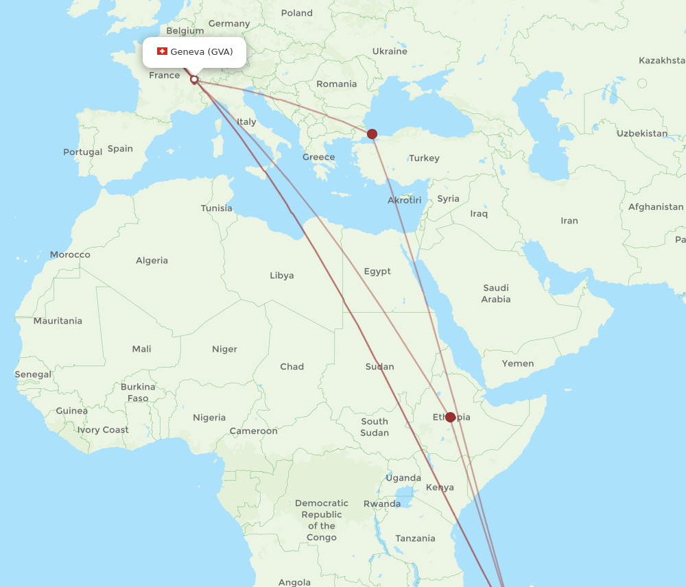 GVA to TNR flights and routes map