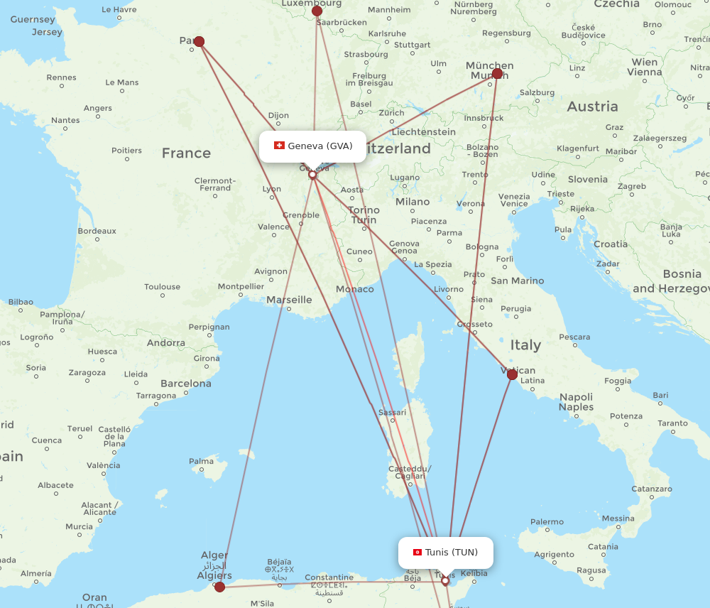 GVA to TUN flights and routes map