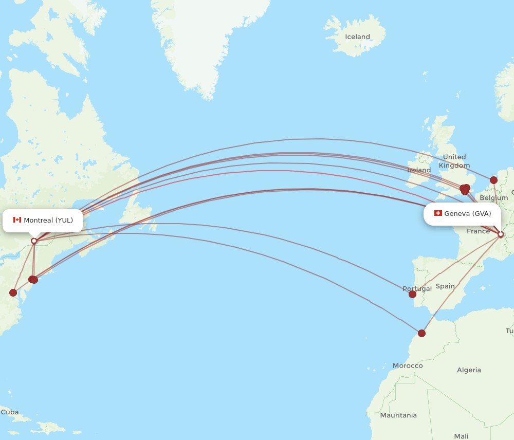 GVA to YUL flights and routes map