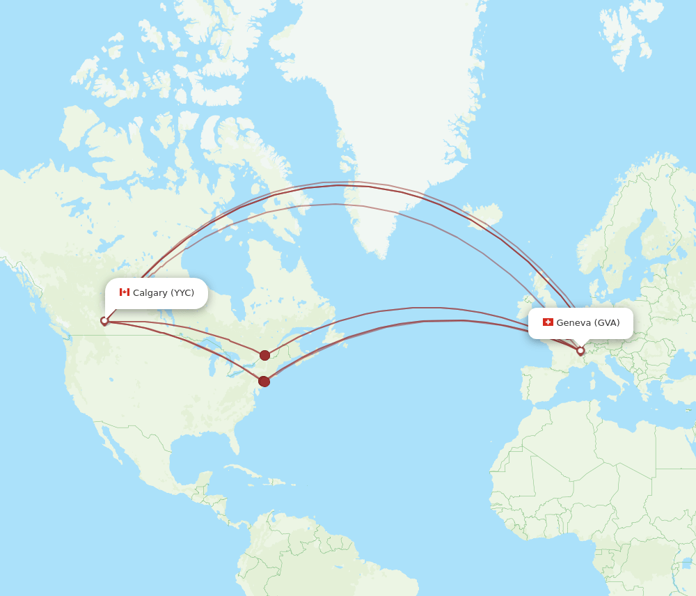 Calgary - Geneva route map and flight paths