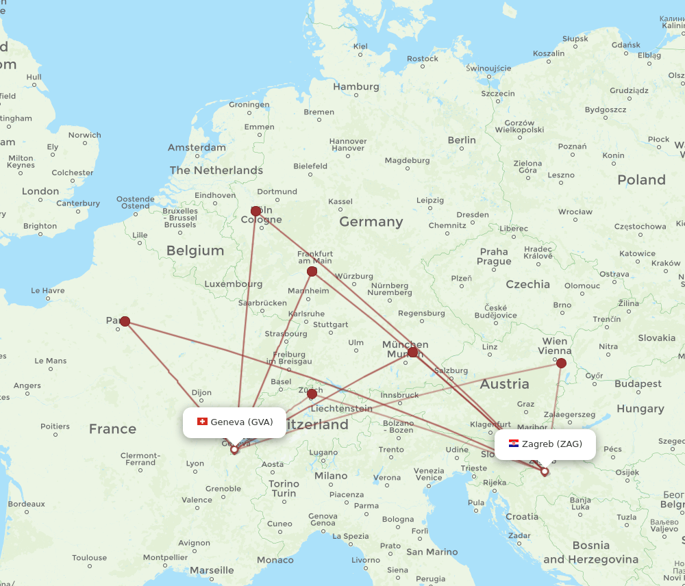 Zagreb - Geneva route map and flight paths