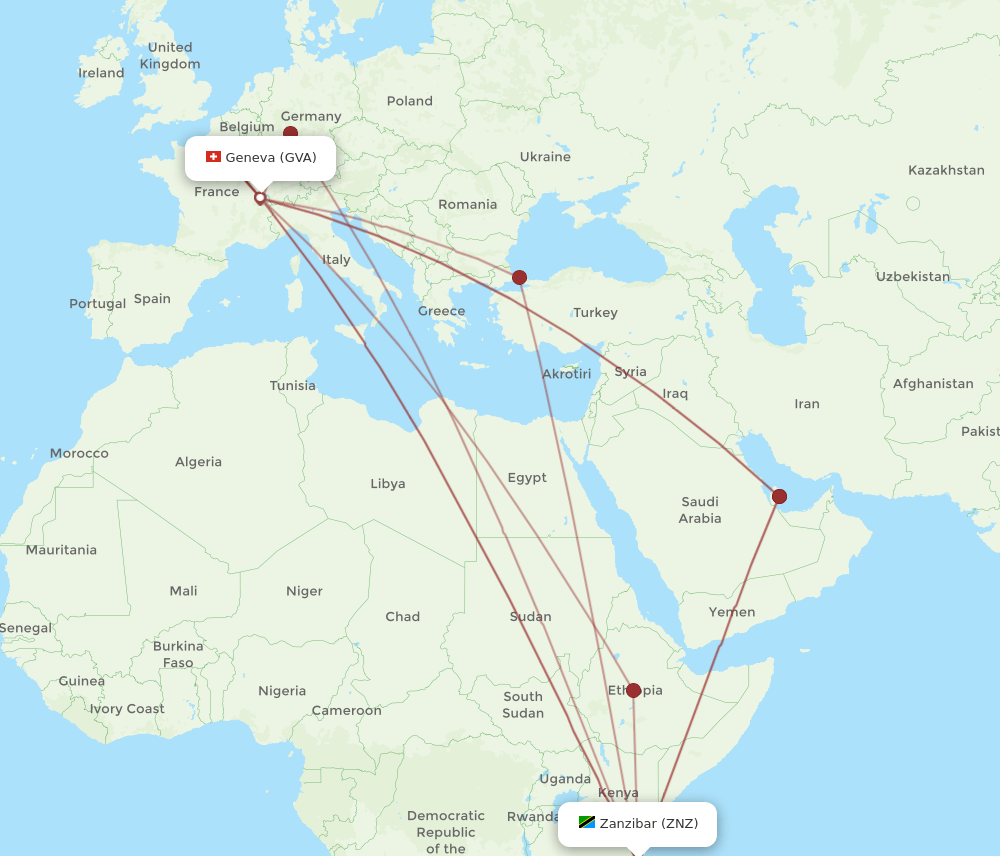 Zanzibar - Geneva route map and flight paths