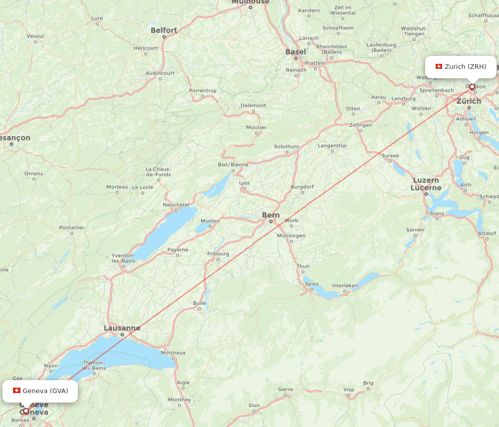 Geneva - Zurich route map and flight paths
