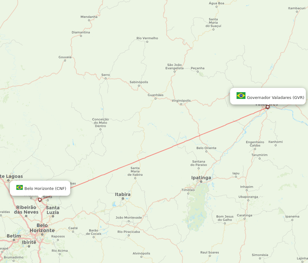 Governador Valadares - Belo Horizonte route map and flight paths