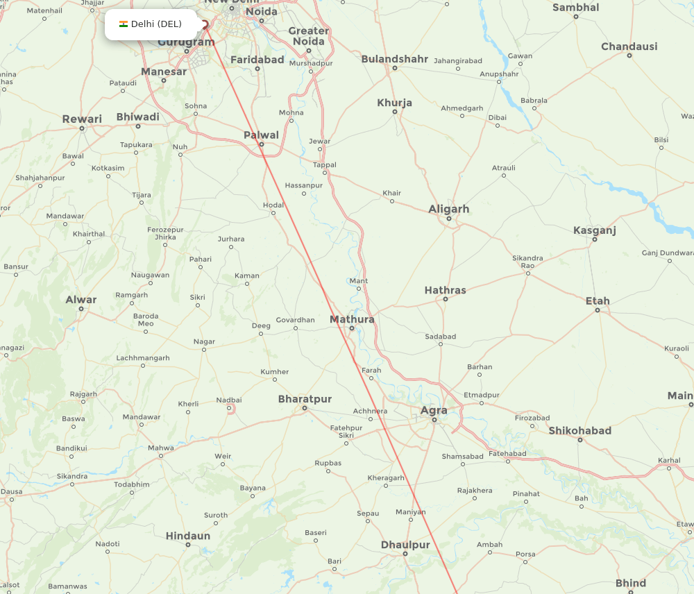Gwalior - Delhi route map and flight paths