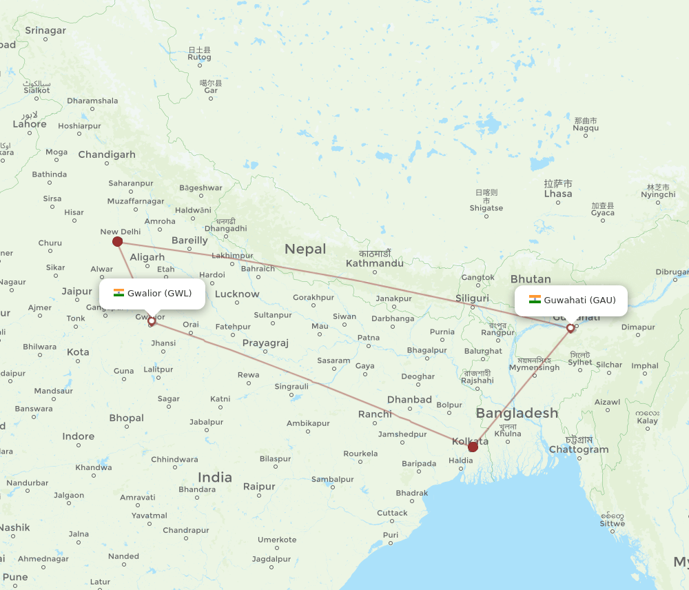GWL-GAU flight routes
