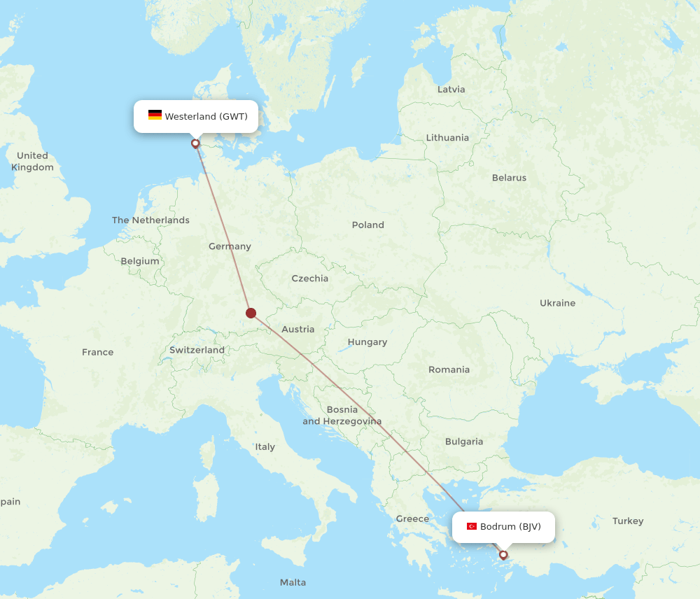 Bodrum - Westerland route map and flight paths