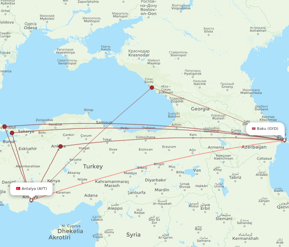 GYD to AYT flights and routes map