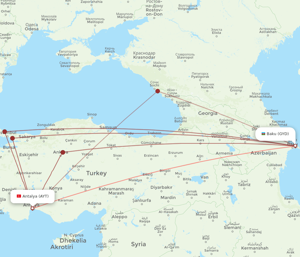 GYD to AYT flights and routes map