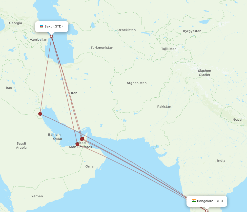 GYD to BLR flights and routes map
