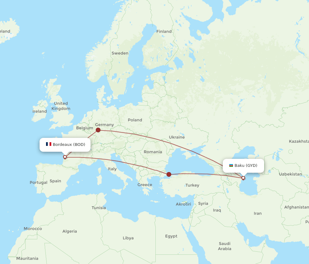GYD-BOD flight routes