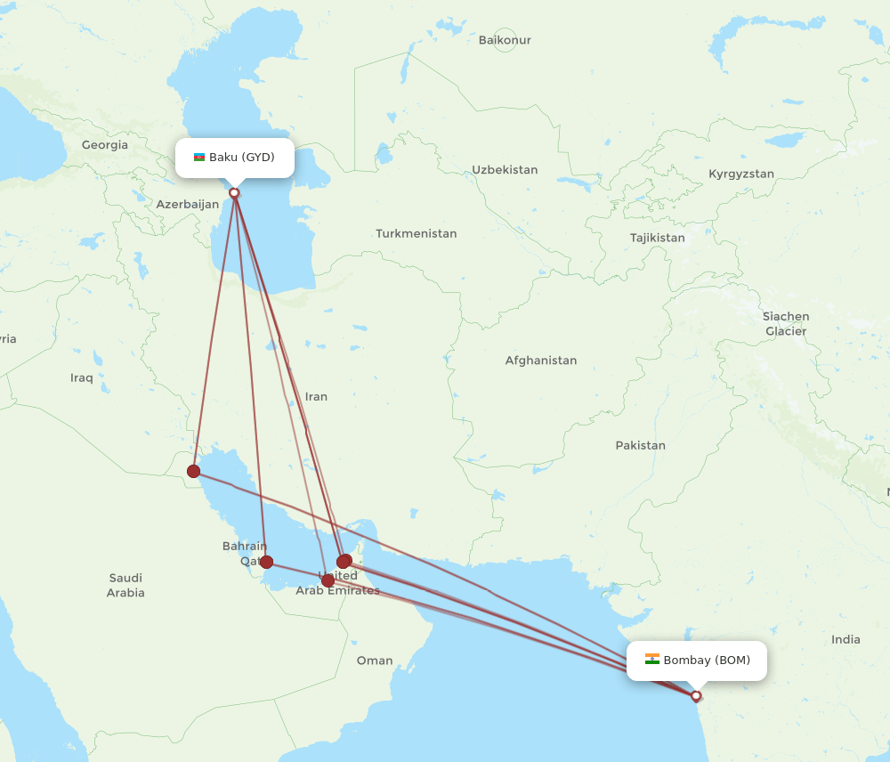 GYD to BOM flights and routes map