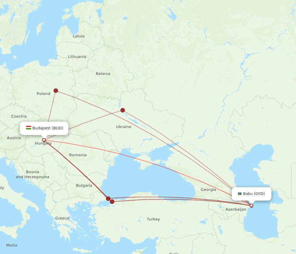 GYD to BUD flights and routes map