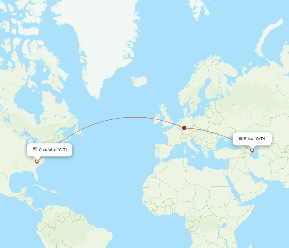 Charlotte - Baku route map and flight paths