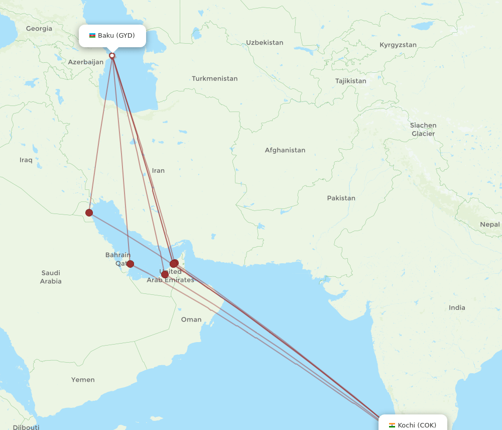 GYD-COK flight routes